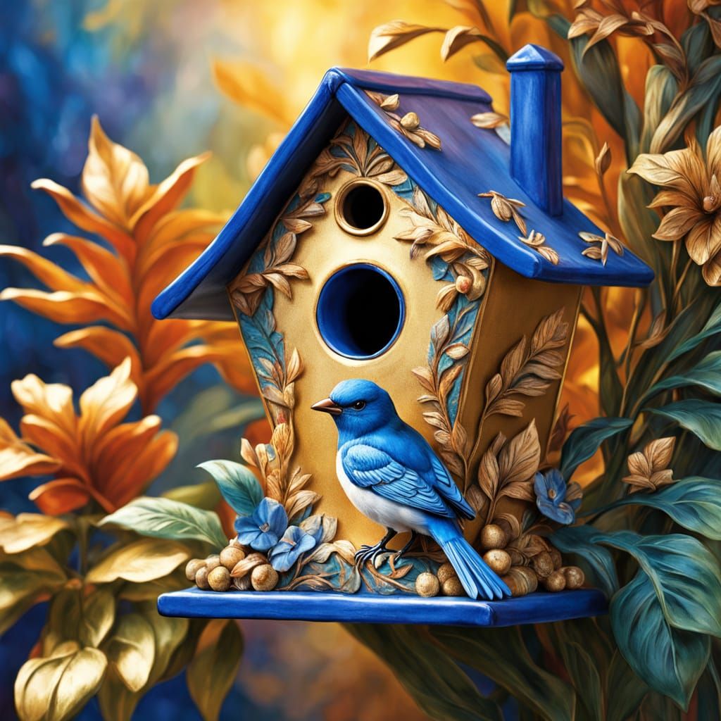 Whimsical Birdhouse with Goldleaf Details as Oil Painting