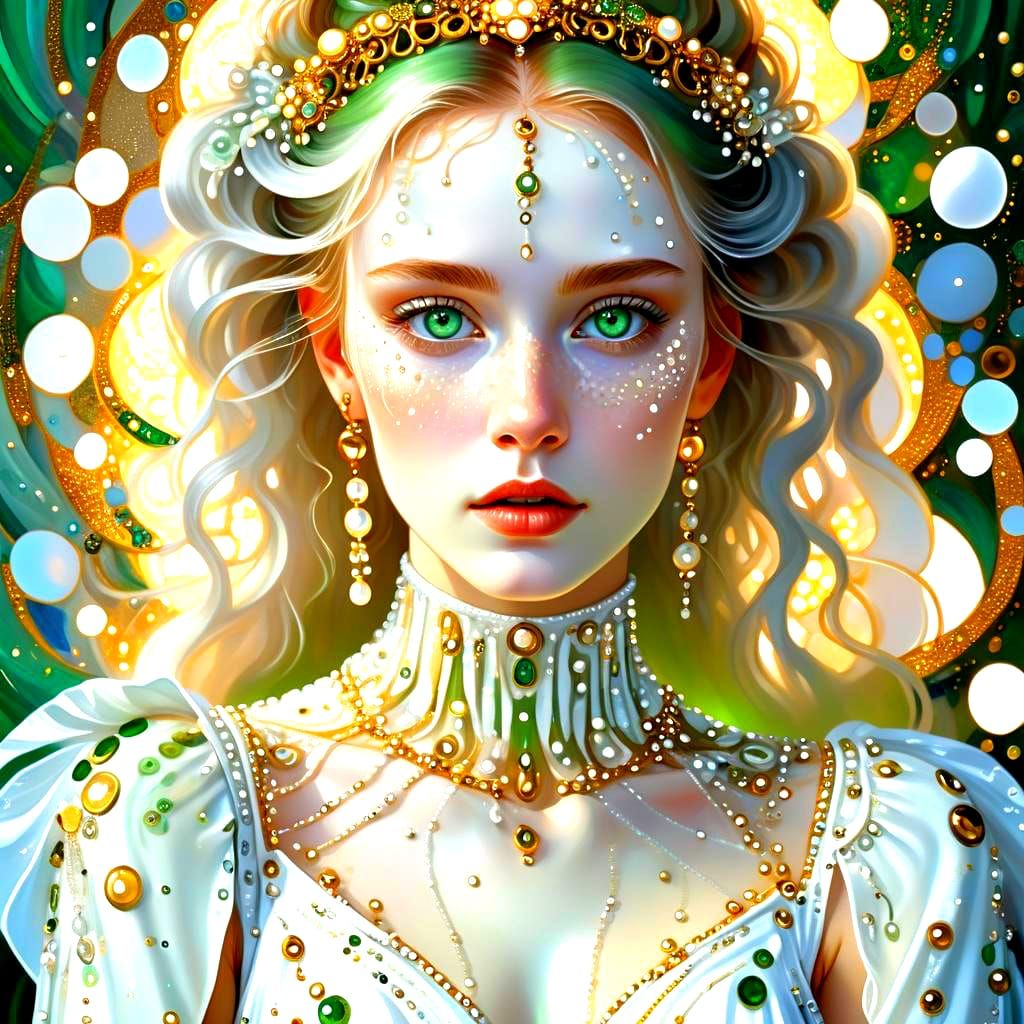 Woman in White Gown with Green Eyes