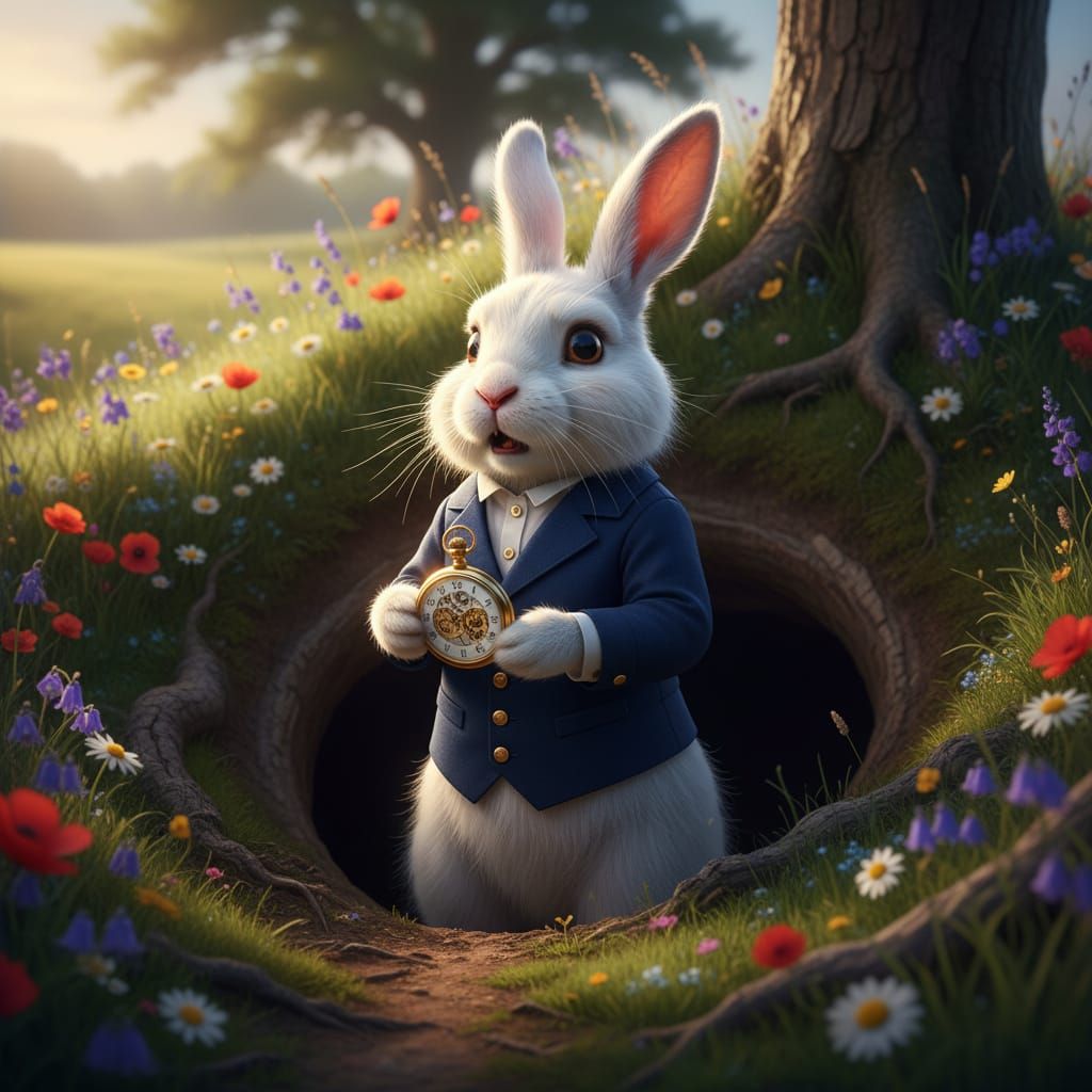 Victorian White Rabbit Checks Pocket Watch Urgently