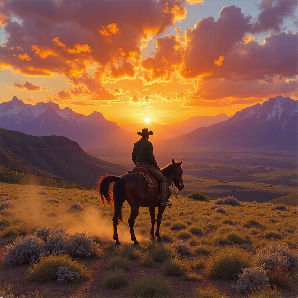 Vibrant Cowboy Riding Horse Under Luminous Sunset in Majesti...