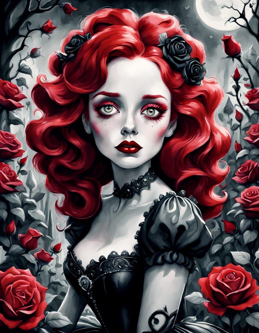 Red Queen in Rose Garden, Dark Fantasy Illustration