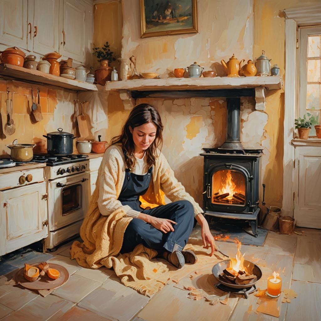 Cozy Woman by Stove in Whimsical Impressionism