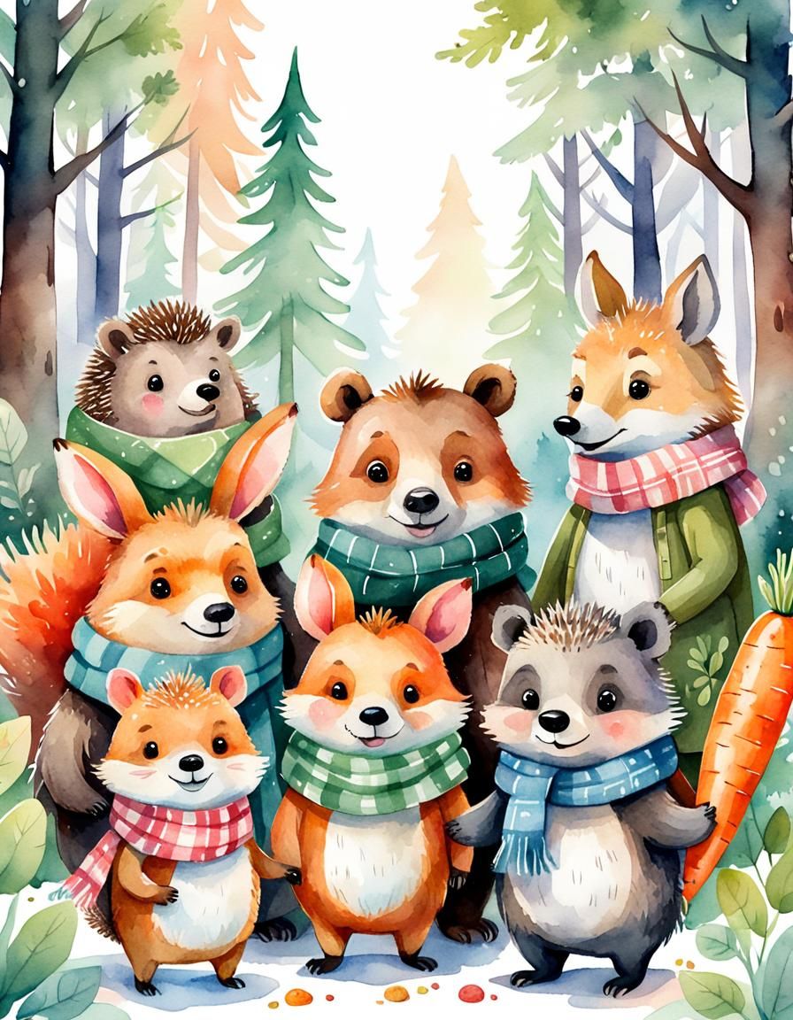 Cozy Forest Scene with Cute Cartoon Animals in Watercolor