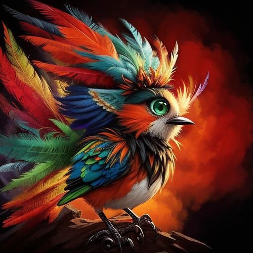 Gothic-Punk Baby Bird with Mohawk in Fairytale Scene