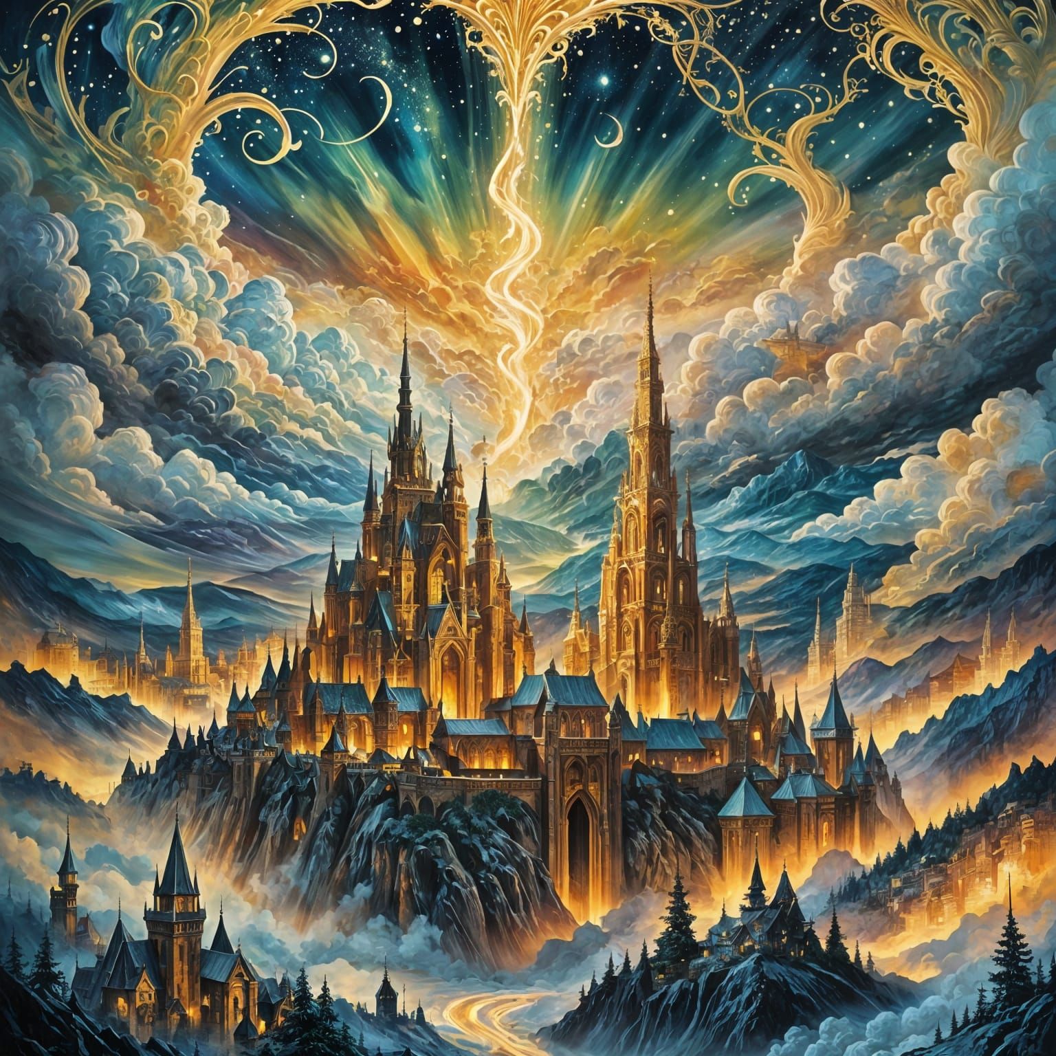 Majestic Calligraphy in Ethereal Cityscape, Oil Gouache Art