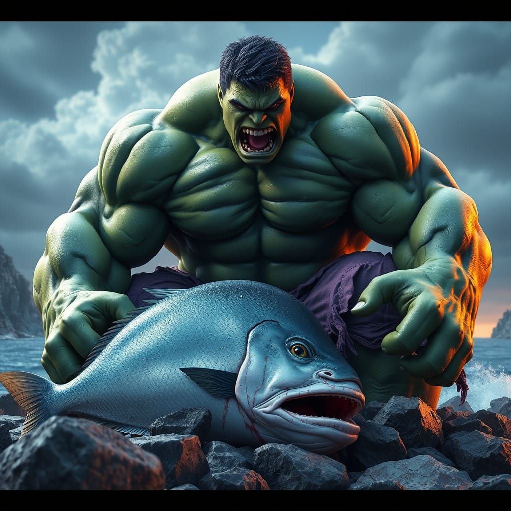 Massive Hulk Devours Giant Fish in Vibrant Anime Style