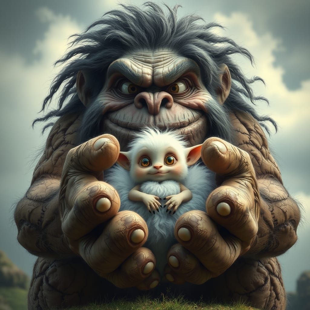 Gigantic Troll Cradles Mystical Creature in Tender Moment