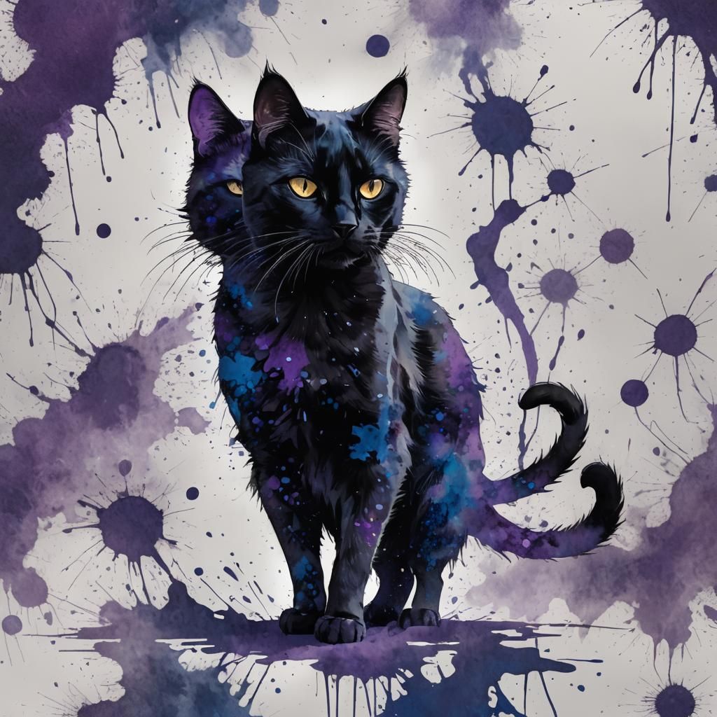 Mystical Black Cat Ink Splatter Fantasy Art
