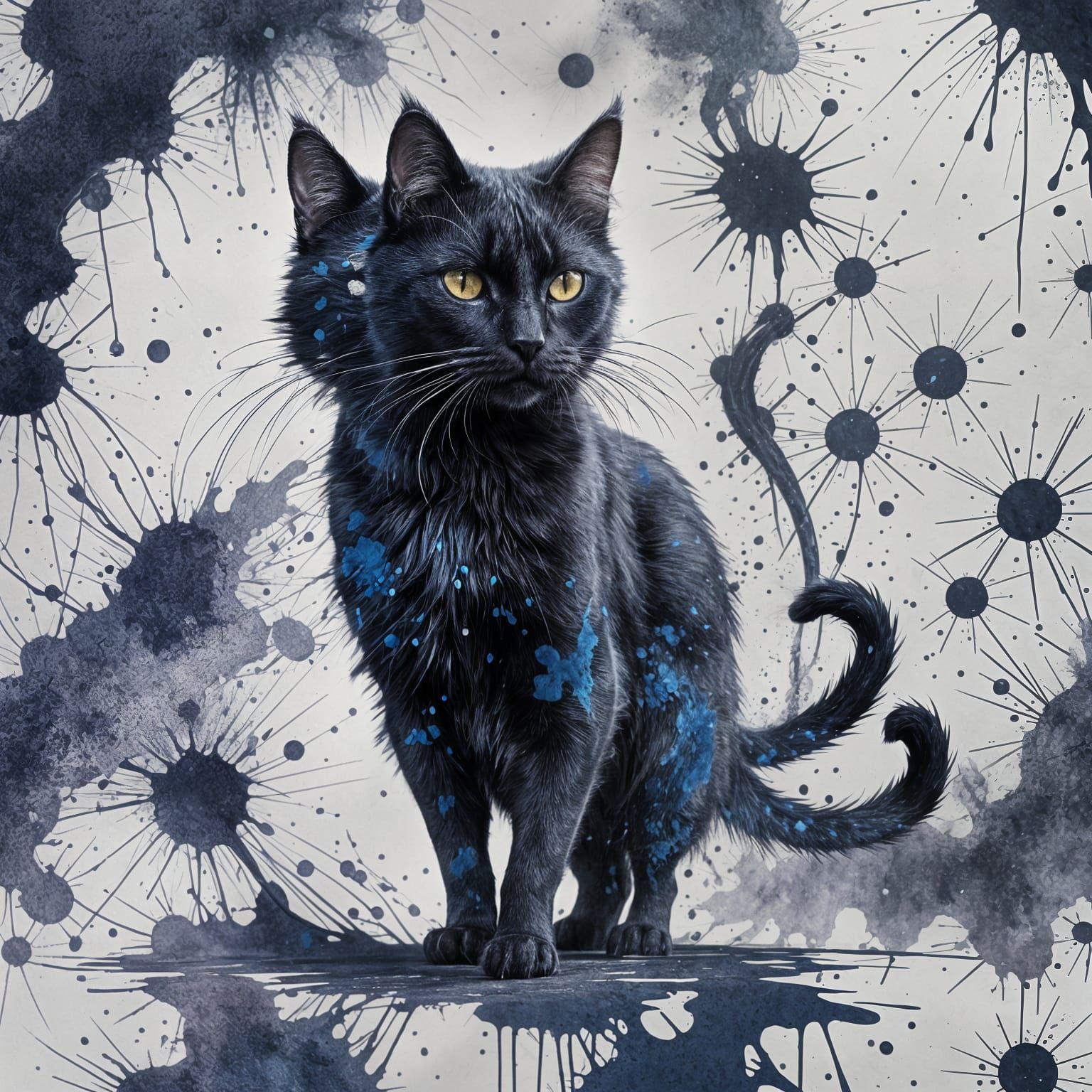 Dissolving Whimsy: Black Cat Amidst Ink Splatters