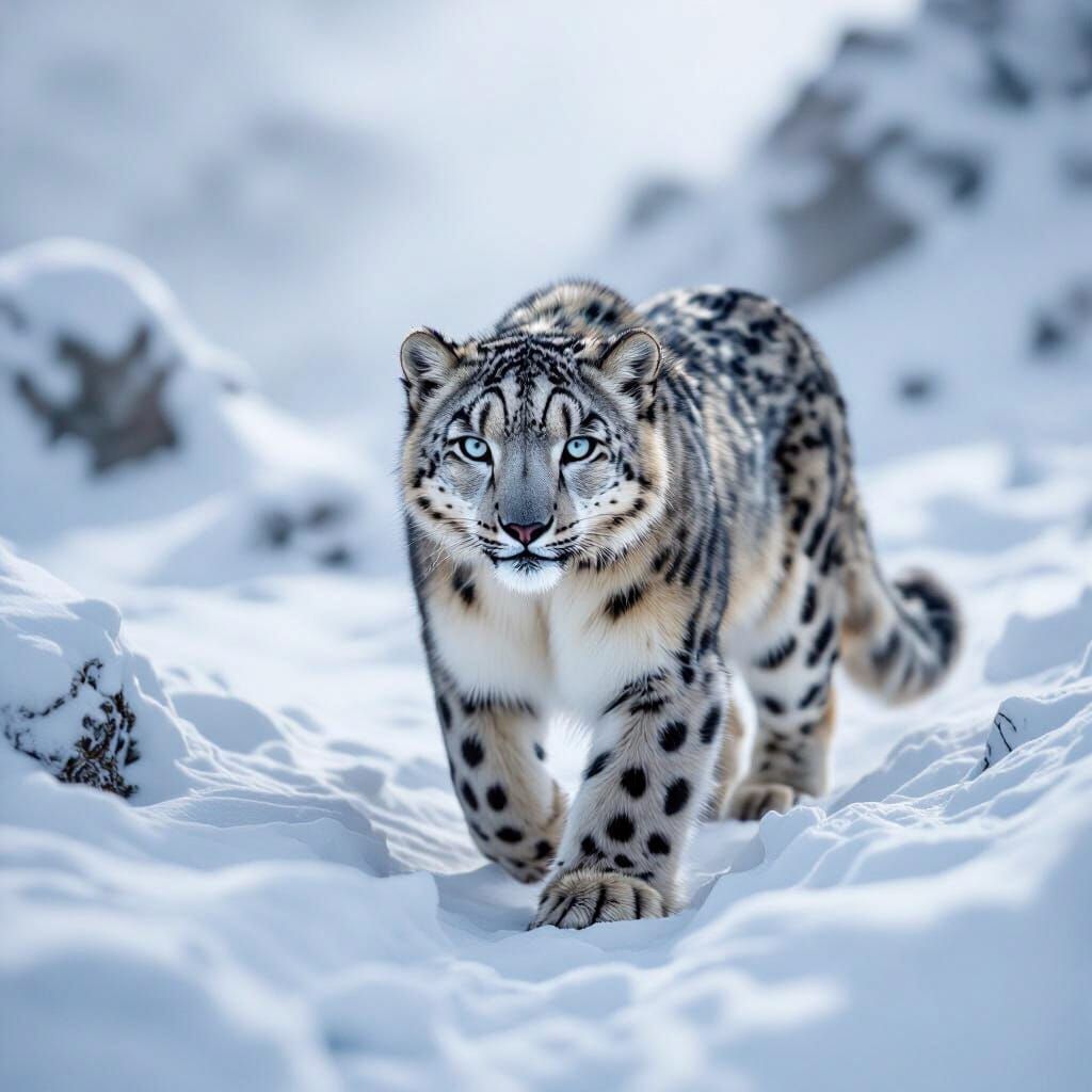 Snow Leopard Walking in Snowy Mountain Terrain