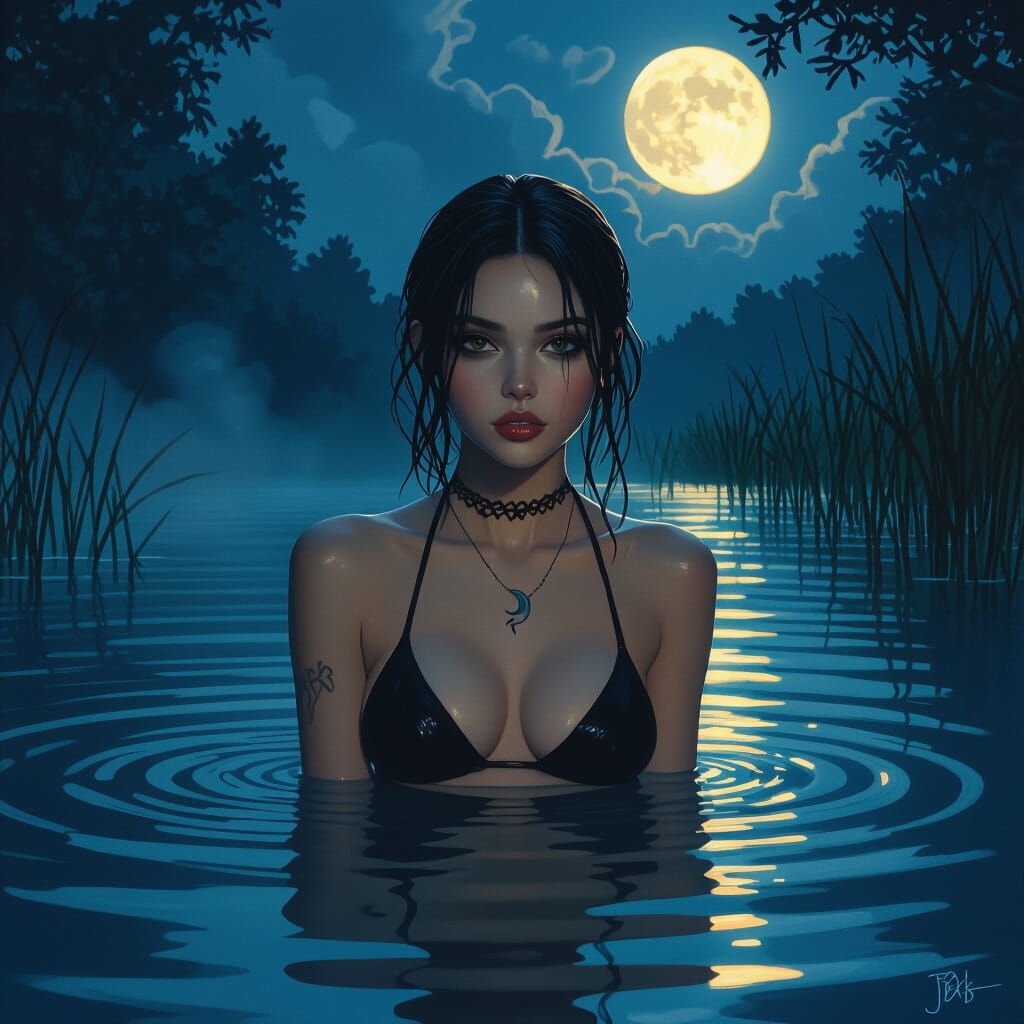 Ethereal Gothic Girl in Misty Lake at Night