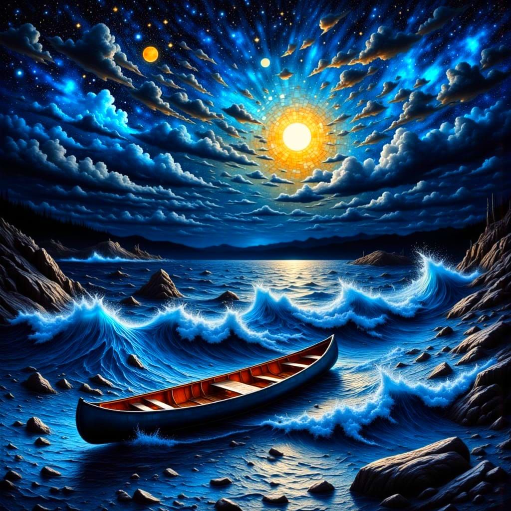 Stormy Seascape with Canoe Under Luminous Moon