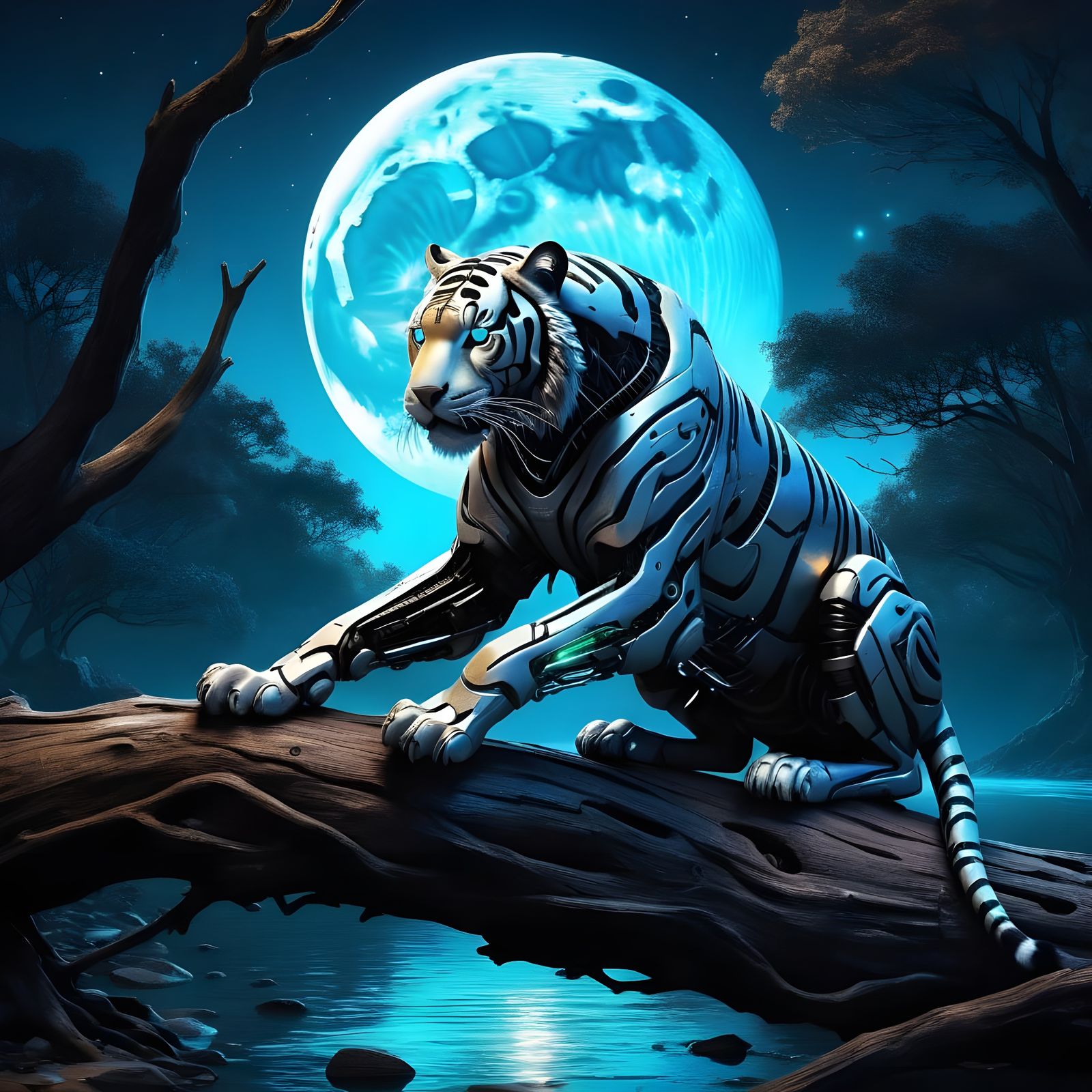 Cyber Tiger in Gothic Style Under Moonlight