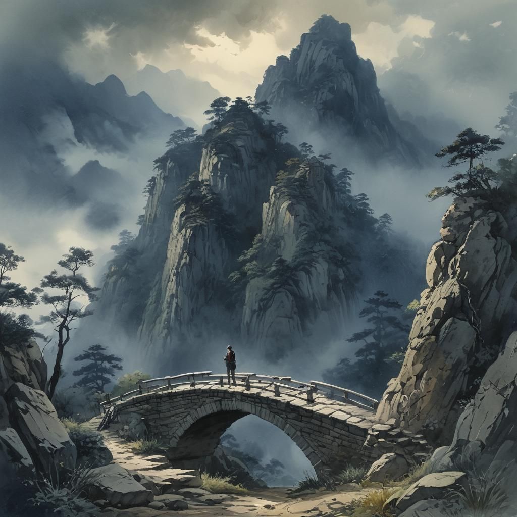 Lone Hiker on Misty Mountain Path: Ink Wash Painting