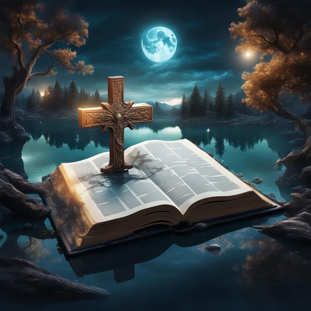 Full Moon Double Exposure: Bible and Cross