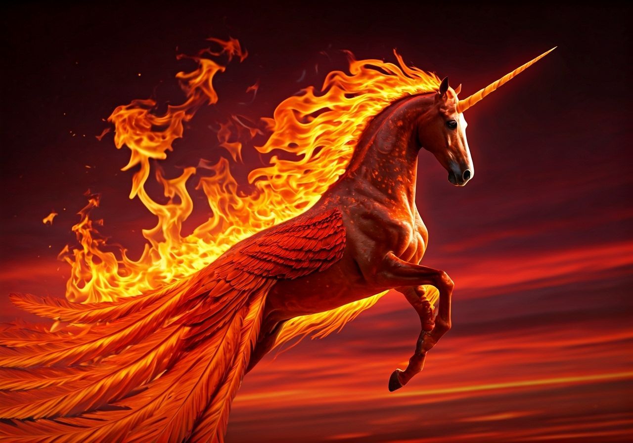 Flaming Phoenix-Unicorn Hybrid in Red Sky