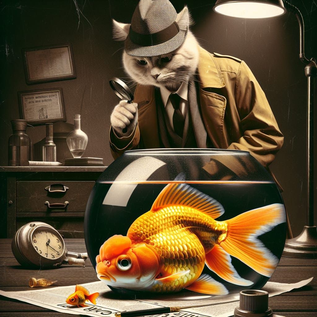 Cat Detective Investigates Goldfish Crime Scene in Noir Styl...