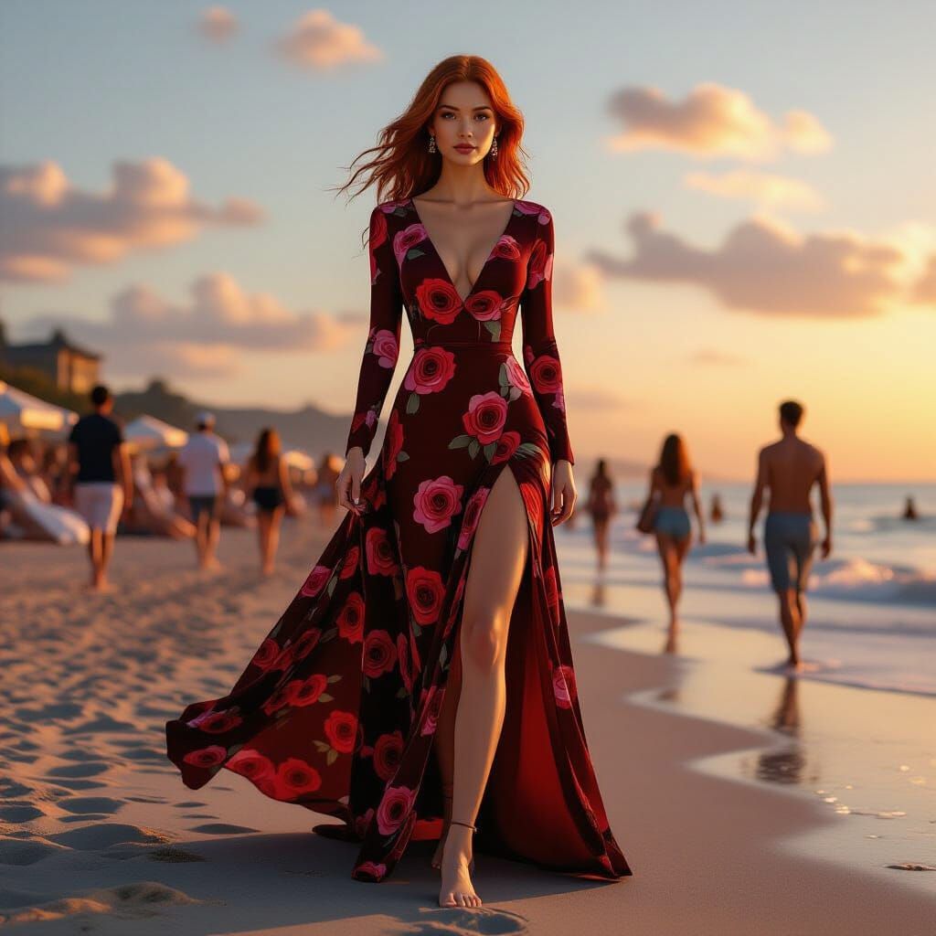 Ginger Woman in Red Gown on Crowded Beach