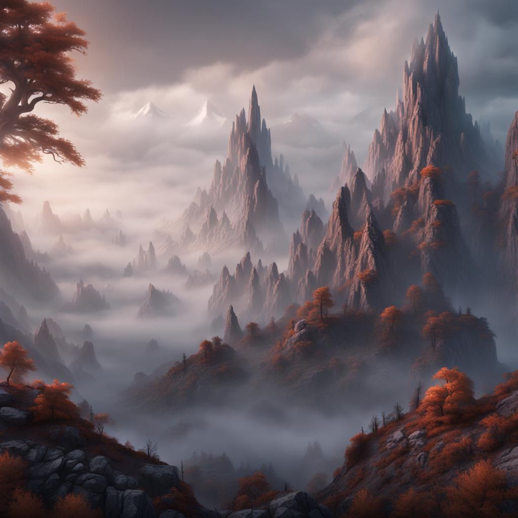 Fog Shrouded Mountains in Detailed Matte Painting Style