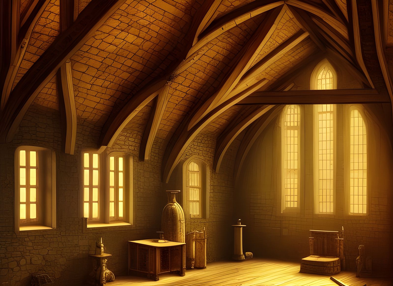 Detailed Medieval Hall Interior with Natural Light