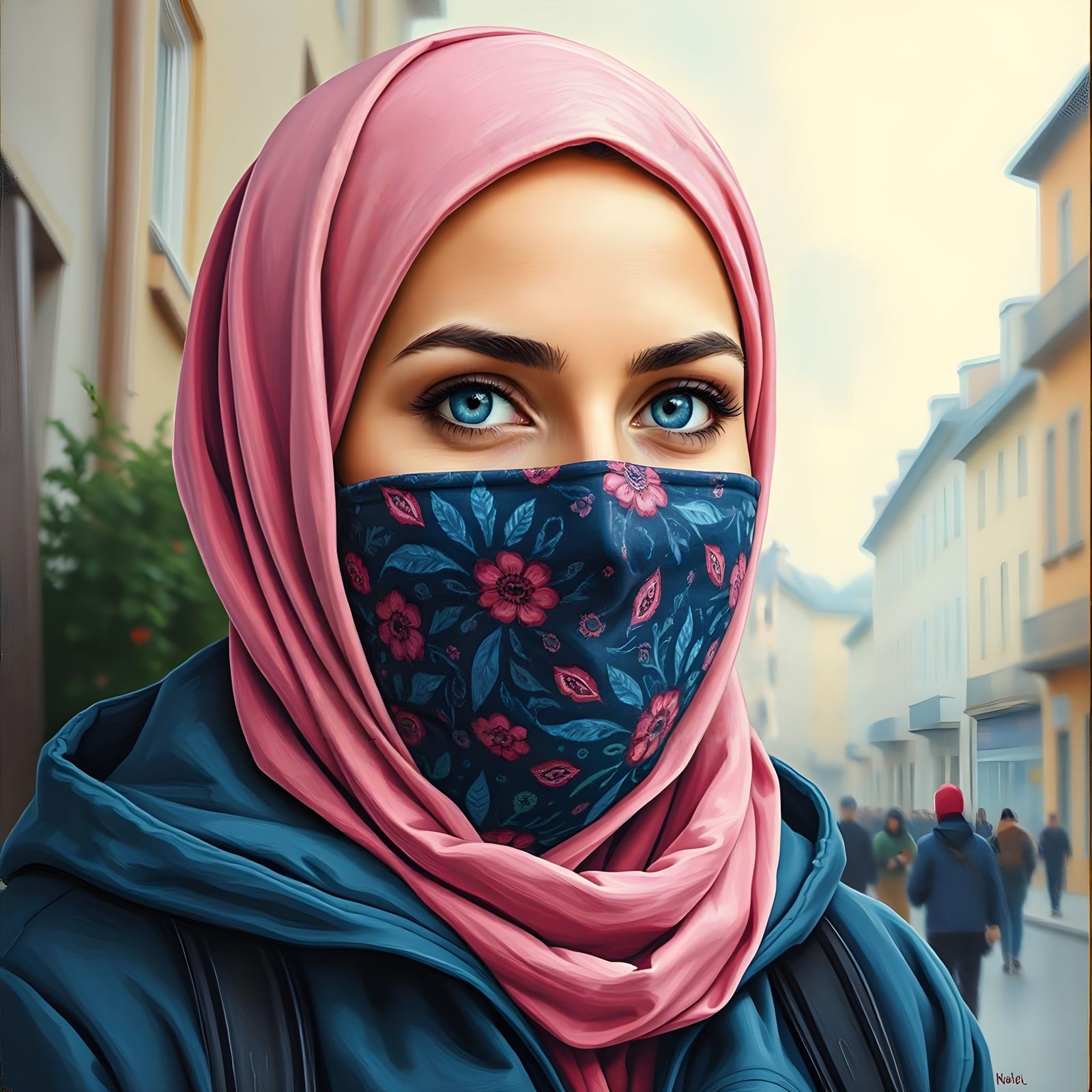 Stunning European Hijabi Woman in Oil-Guache Painting