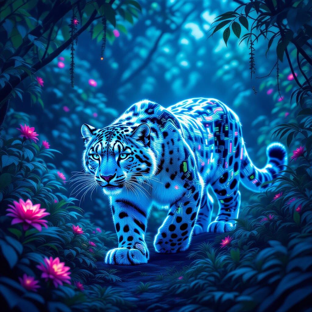 Cybernetic Snow Leopard in Bioluminescent Jungle
