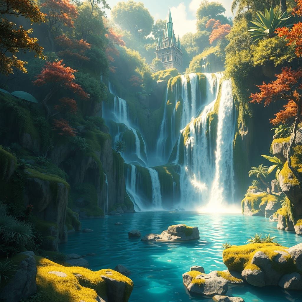 Waterfall City: Bioluminescent Anime Fantasy Art