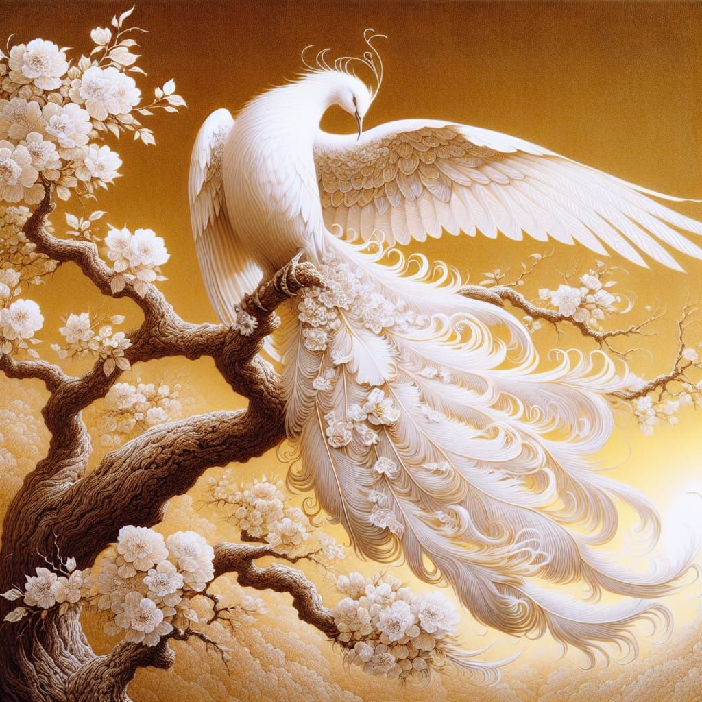 Majestic White Bird with Lace Feathers on Blooming Tree