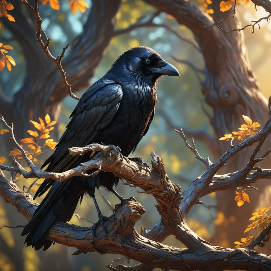 Hyperrealistic Crow on Branch in Sunlight