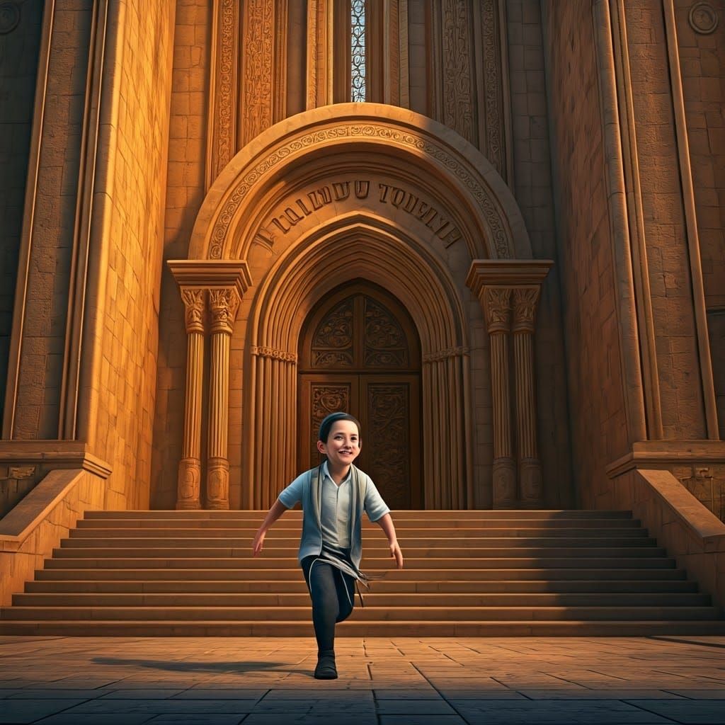 Joyful Boy Runs to Talmud Torah: 3D Game Art