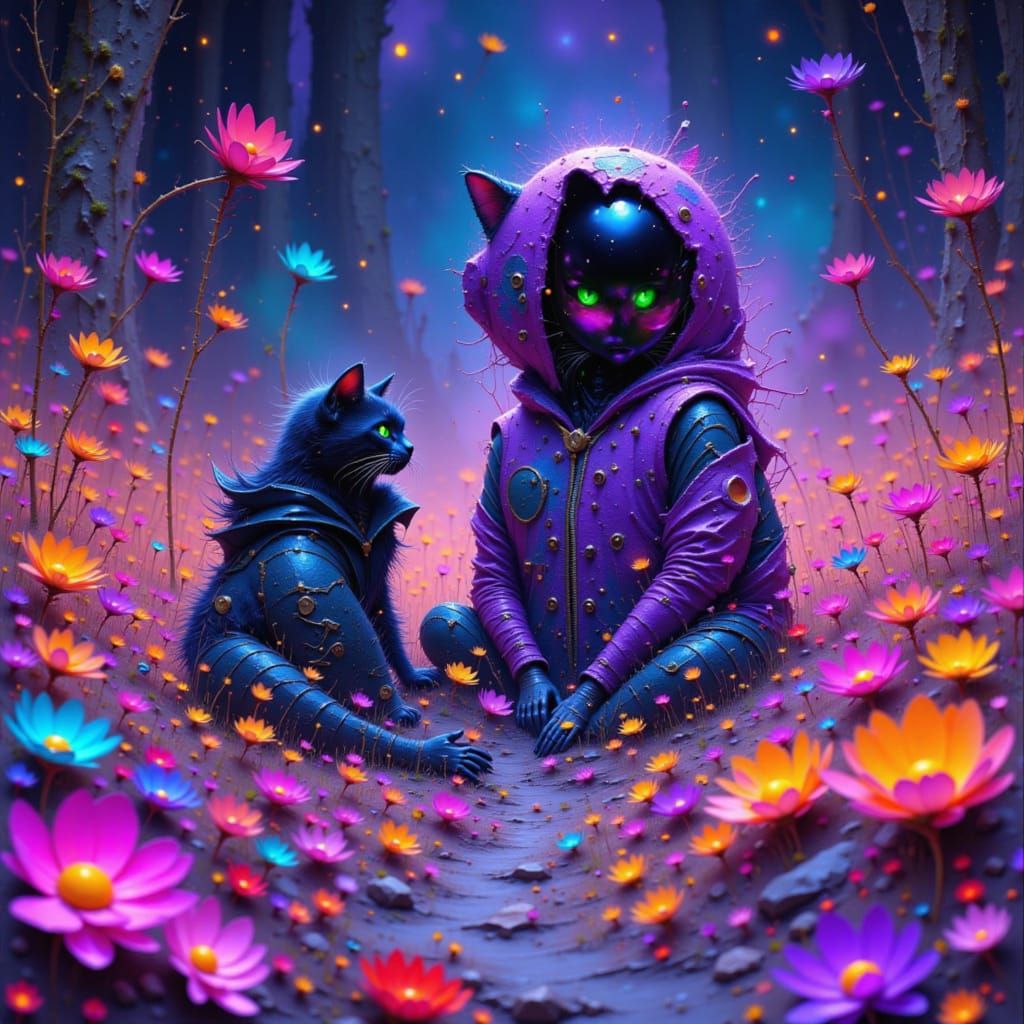 Cosmic Robot and Kitty in Celestialpunk Style