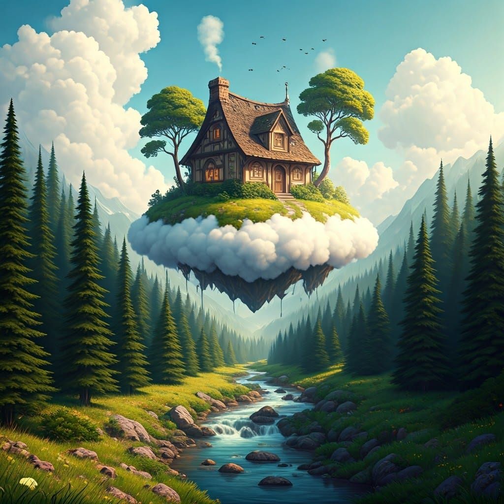 Whimsical Cloud Cottage Amidst Lush Greenery and Serene Fore...