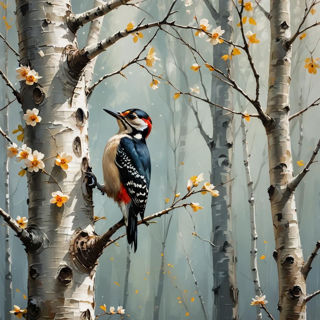 Woodpecker in Birch Tree: Abstract Impressionism