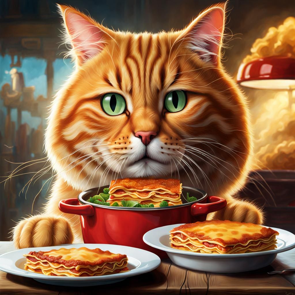 Garfield Eats Lasagna: Photorealistic Fantasy Art