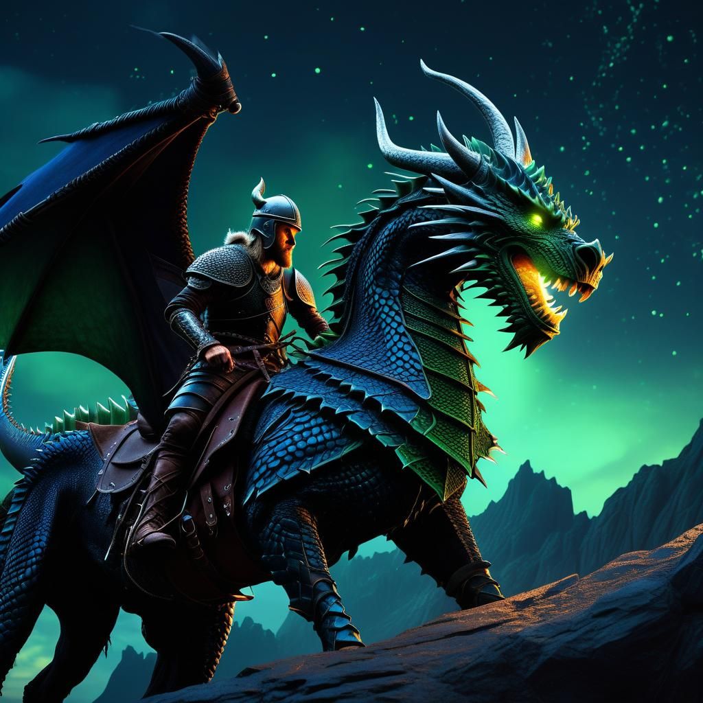 Viking Soaring on Dragon in Serene Nightscape
