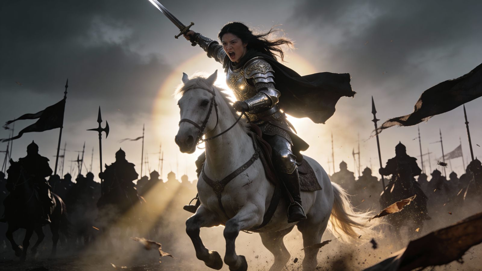 Heroic Knight Commander Leads Charge on Stormy Battlefield