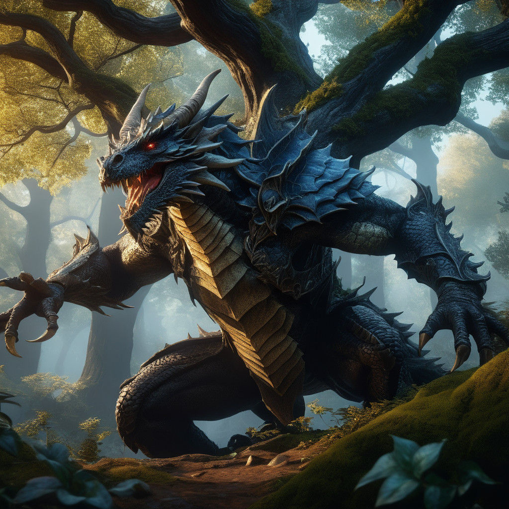 Mystical Dragonborn in a Golden-Lit Forest