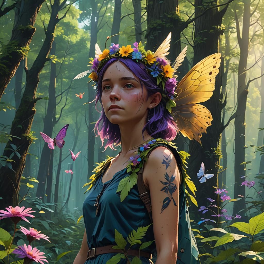 Delicate Summer Fae in Forest, Digital Matte Painting
