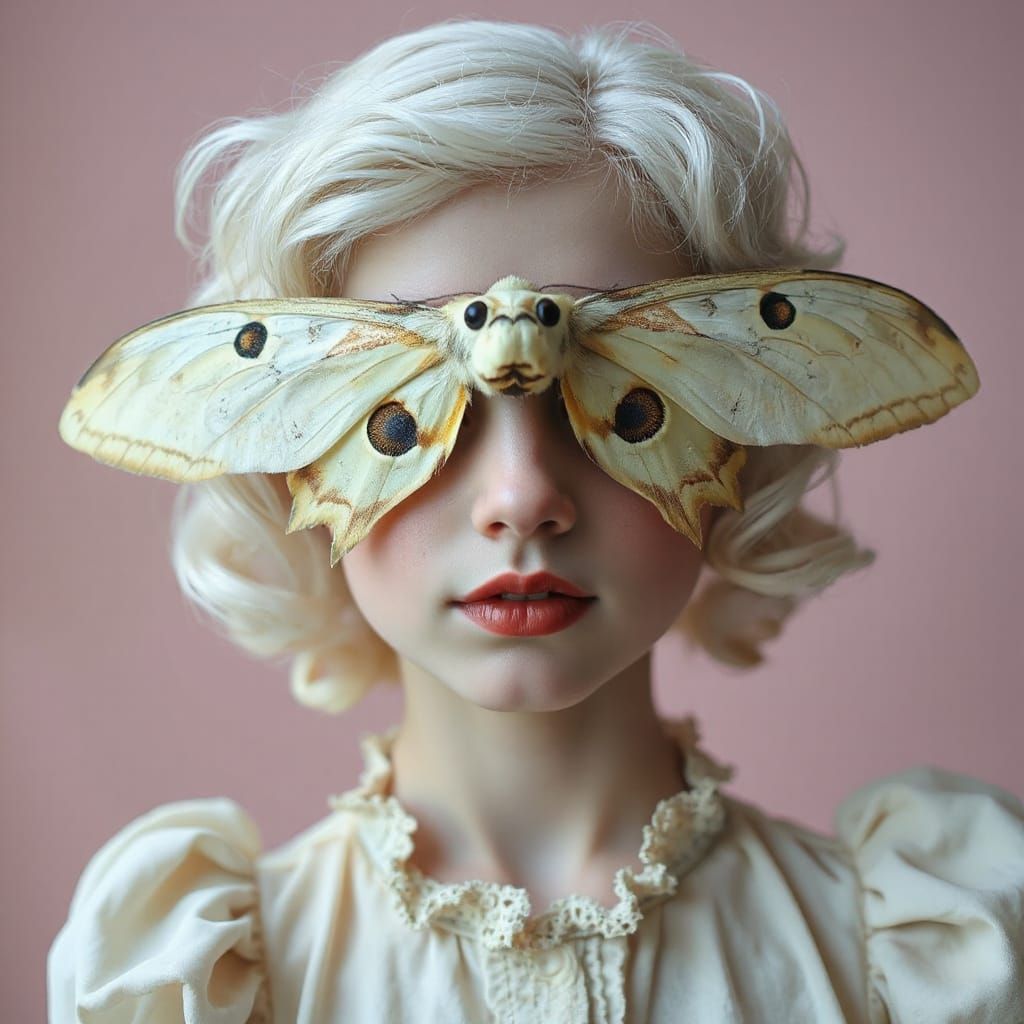 Vintage Goddess with Moth Mask and Doll-Like Features