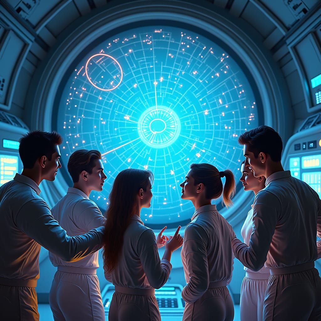 Astronauts Study Holographic Star Map in Retro Style