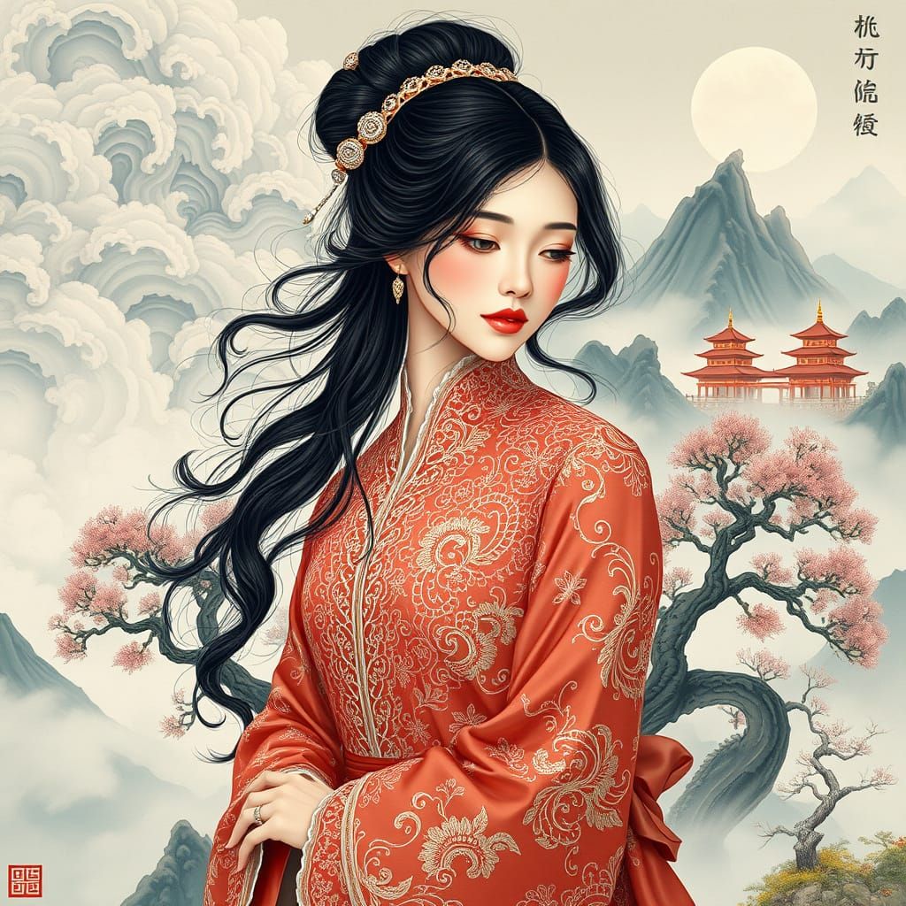 Ethereal Woman Amidst Misty Mountains and Bonsai