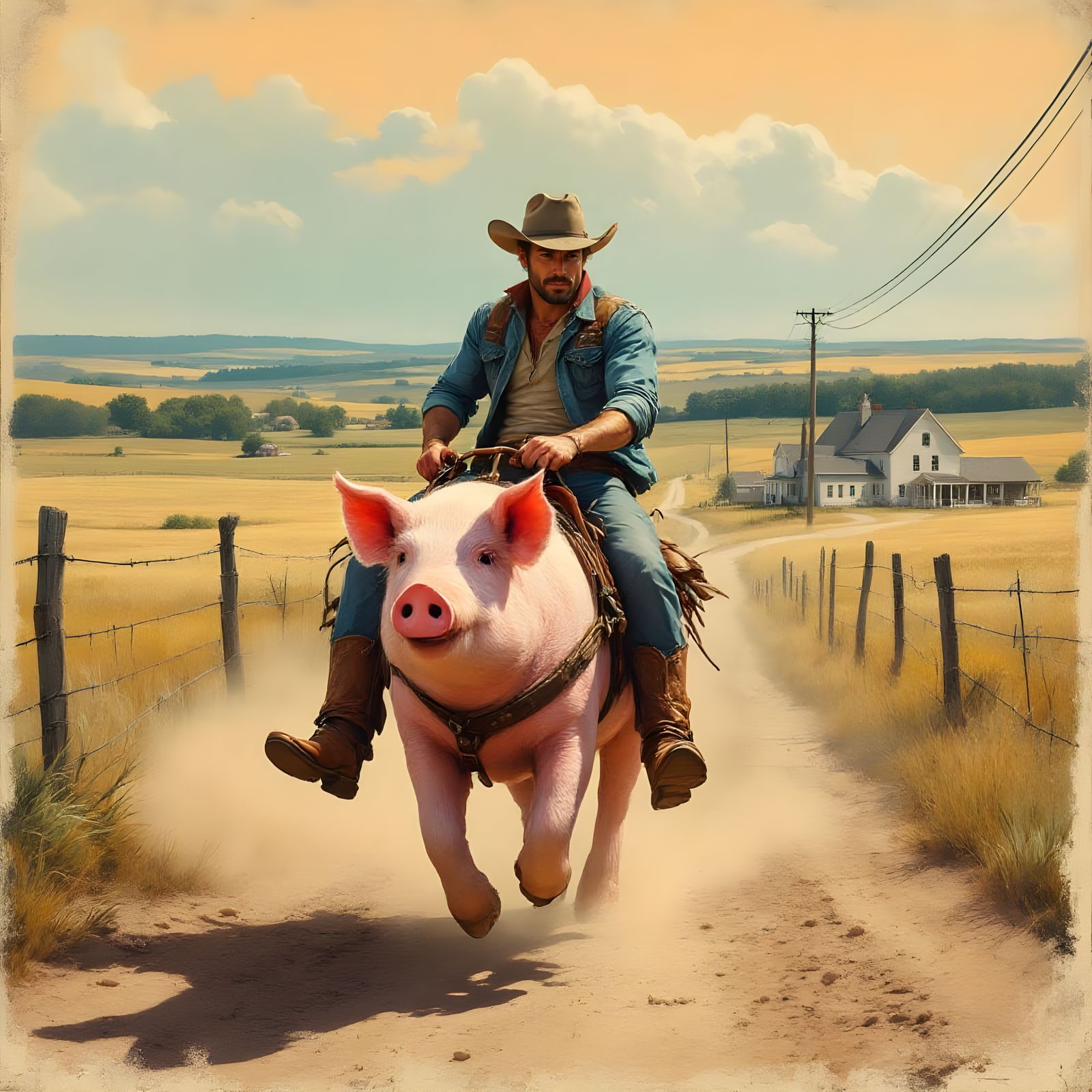 Vintage Cowboy and Pink Pig Ride Country Road
