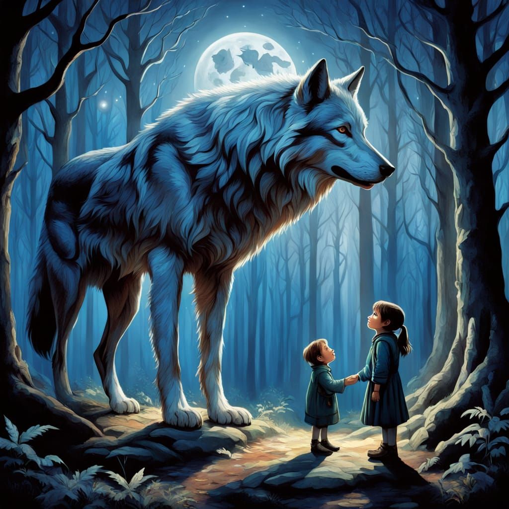 Child's Bond With Spectral Wolf in Ancient Forest