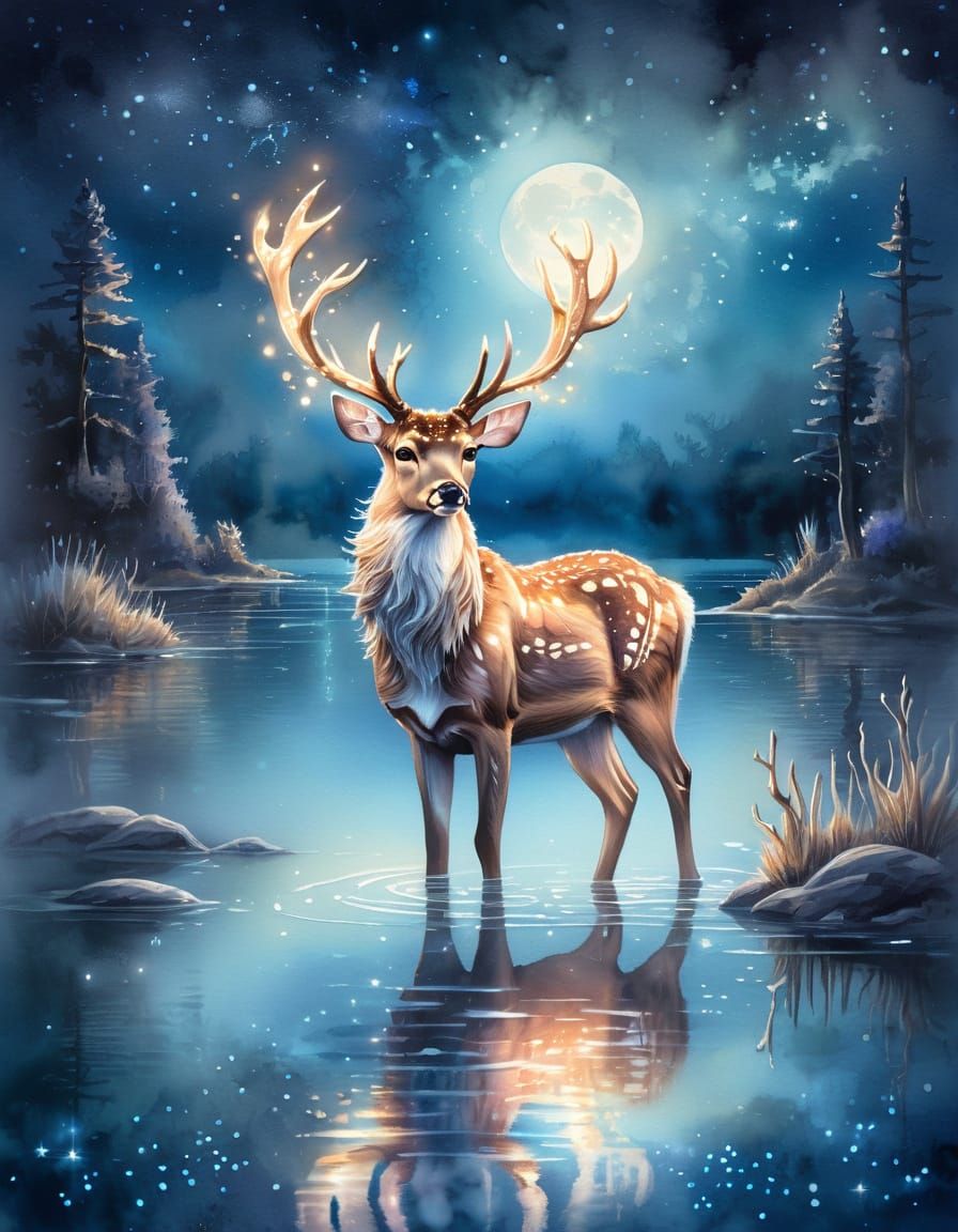 Mystical Deer in Moonlit Lake: Watercolor Magical Realism