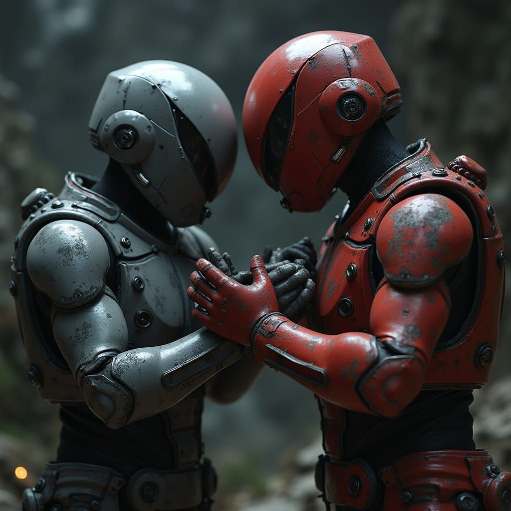 Armored Figures Grapple in Deep Space