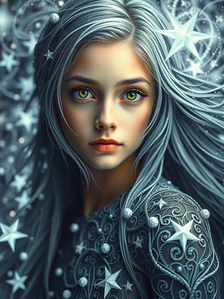 Zentangle Woman in Star Vortex: Surreal Fantasy Art