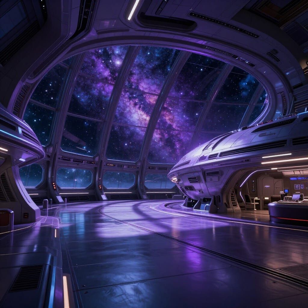 Futuristic Interstellar Ark Interior with Starfield Views