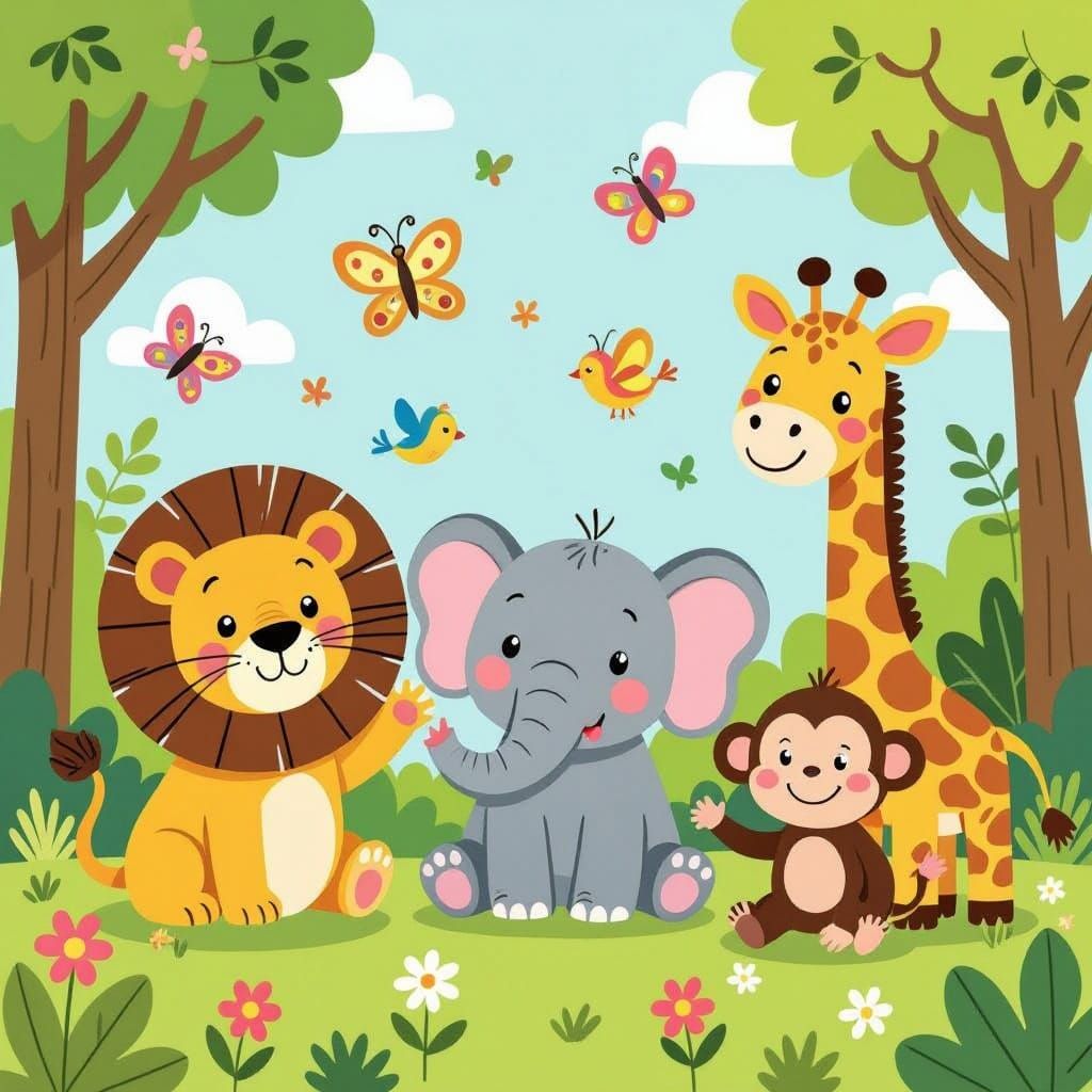 Vibrant Cartoon Jungle Scene with Waving Animals