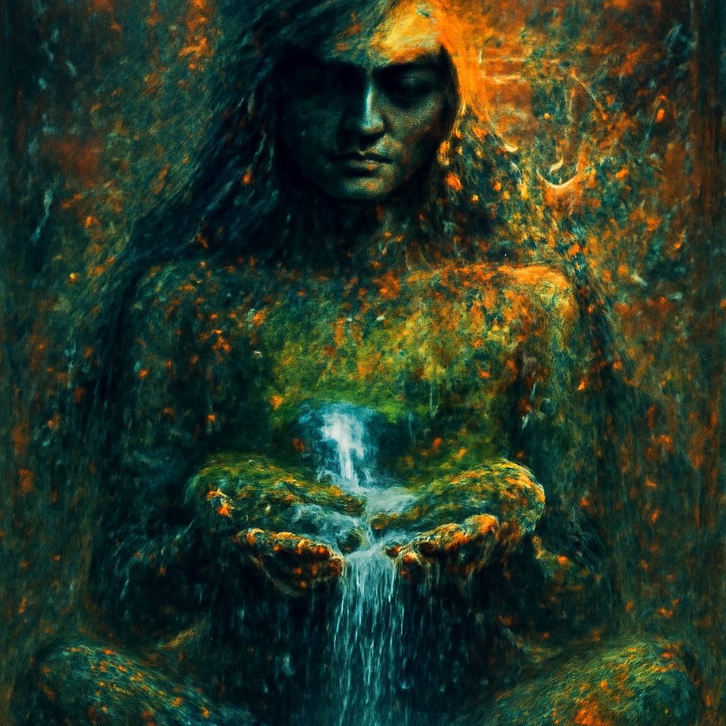 Surreal Manhwa Goddess Holding Landscape in Her Hands