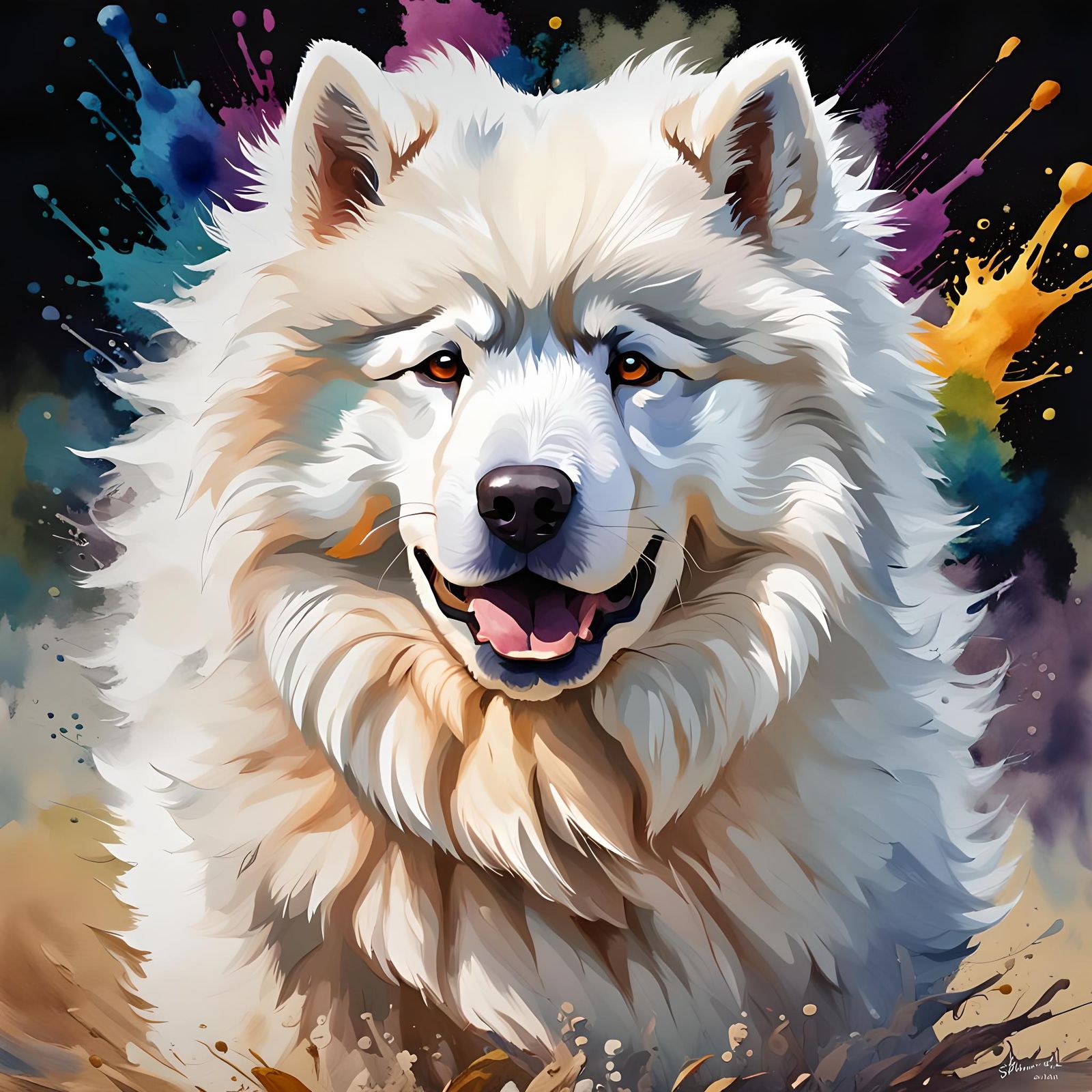 A Samoyed, brown eyes, charging straight into the camera wit...